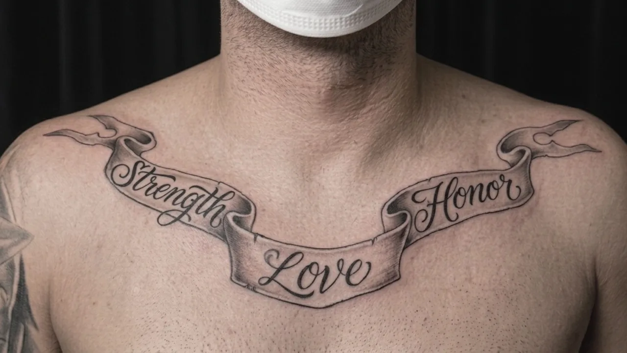 Köprücük kemikleri boyunca uzanan, Strength, Love ve Honor yazan kurdele şeklinde yazı dövmesi